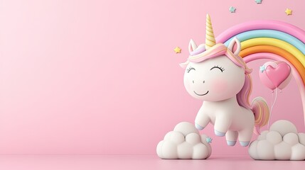 An imaginative illustration featuring a unicorn, a rainbow, and hearts, set on a pink background, invoking a magical and fantastical atmosphere