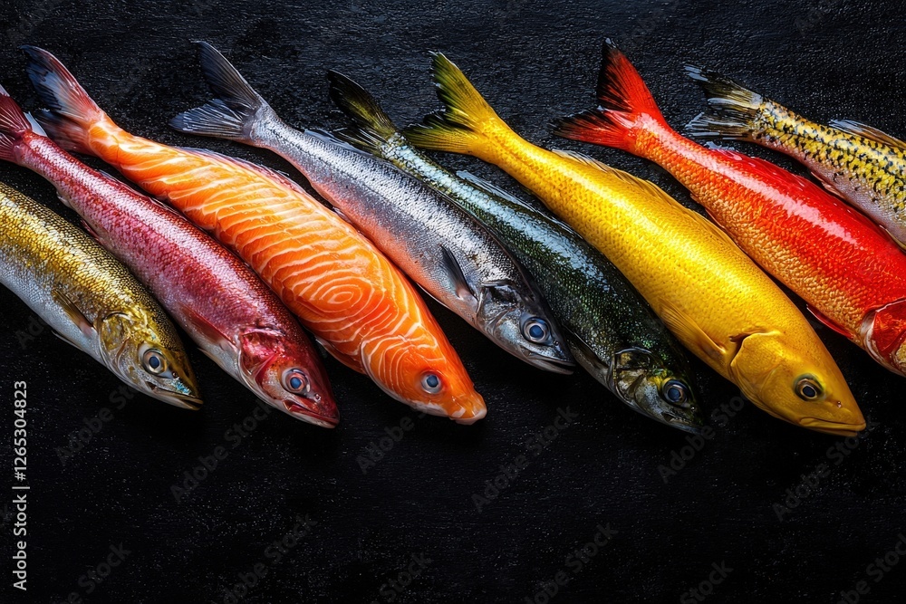 Poster five fish colorfully aligned in a straight row, displaying their unique features