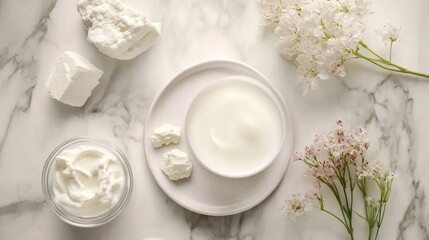 Creamy skincare, marble background, flowers