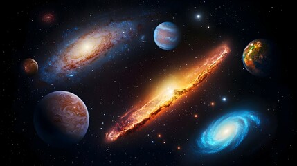 Obraz premium Cosmic Collision Planets Galaxies and Nebula in Vibrant Space