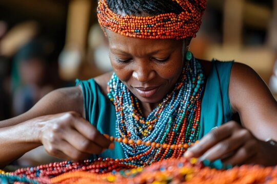 African artisan creating colorful beaded jewelry with traditional techniques