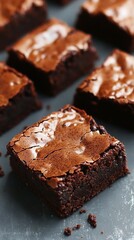 Homemade dark chocolate fudge brownies with classic crackly top, photographed in macro. Rich, moist texture visible in the dense, chocolatey squares arranged on dark surface.