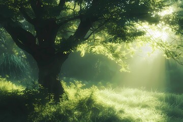 a bright sun streaming through a green tree
