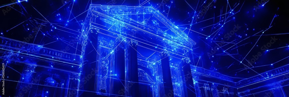Poster blue glowing dots outline a neoclassical building facade, connected lines representing data network