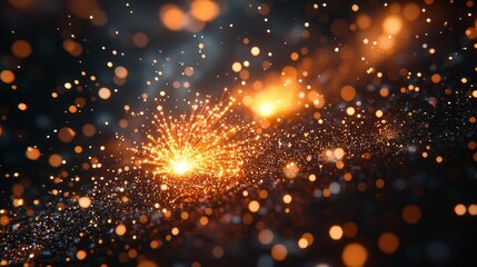 Fototapeta premium Stunning 3D Cartoon Firework Effects with Orange Sparks on Black Background for Dynamic Visual Projects