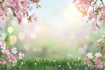 Obraz na płótnie Canvas Beautiful spring background with blooming cherry blossoms, a blurred green meadow, and sunlight in the morning. Pastel pink flowers on branches create a blurred bokeh effect with a soft focus