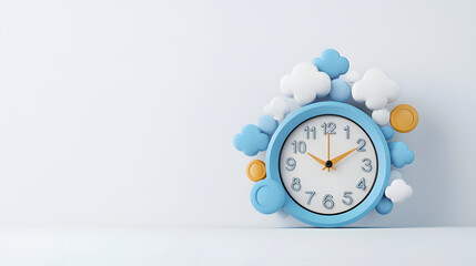 stylized digital clock with cloud storage icons, featuring playful design in blue, white, and orange. This clock symbolizes time management and modern technology