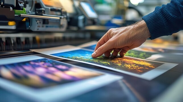 Print-ready, close-up of hands aligning a photo on a print-ready template in a design program