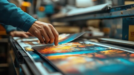 Print-ready, close-up of hands aligning a photo on a print-ready template in a design program
