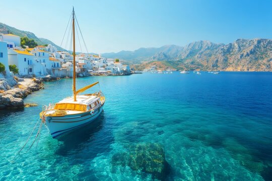 Picturesque loutro village with traditional fishing boat, crete, greece, europe