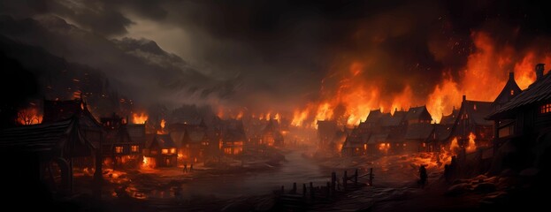 burning village in dark sky background