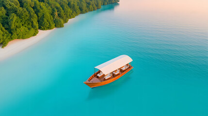 Naklejka premium serene boat floating on turquoise waters near lush green coastline, perfect for peaceful getaway. tranquil scene captures beauty of nature and relaxation