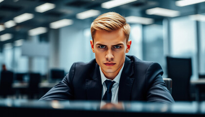 Obraz premium A young businessman in a dark suit sitting in a modern boardroom with a focused expression.