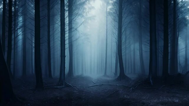 Mysterious foggy forest with eerie blue light, dark trees, haunting atmosphere, fantasy landscape, mystical nature, enchanted woods, spooky path, and supernatural scenery