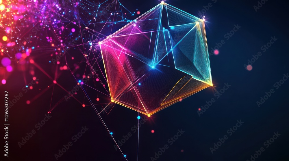 Poster colorful cube network explodes; dark background