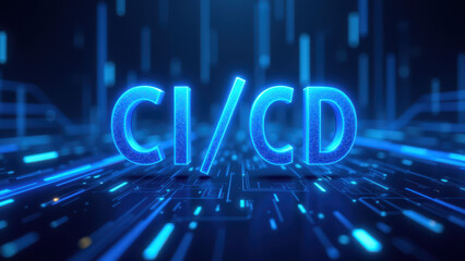 Obraz premium High-tech digital Ci/CD pipeline for continuous integration and delivery, featuring blue binary strings and a glowing cloud with Kubernetes clusters, signifying DevOps efficiency.