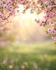 Beautiful spring background with blooming cherry blossoms, a blurred green meadow, and sunlight in the morning. Pastel pink flowers on branches create a blurred bokeh effect with a soft focus