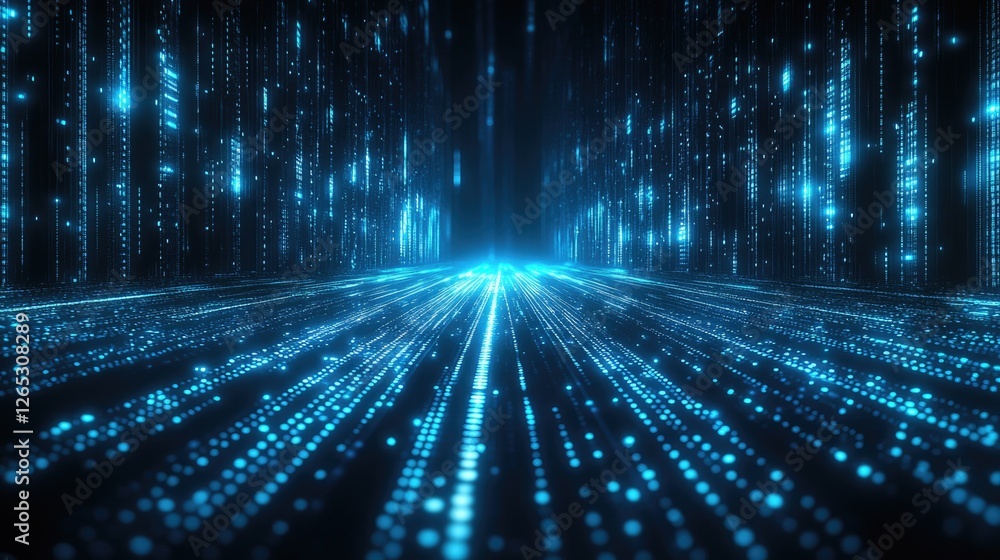 Poster futuristic digital data stream with blue glowing matrix lines and light effects
