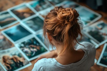Designer reviewing printed photographs on wooden table
