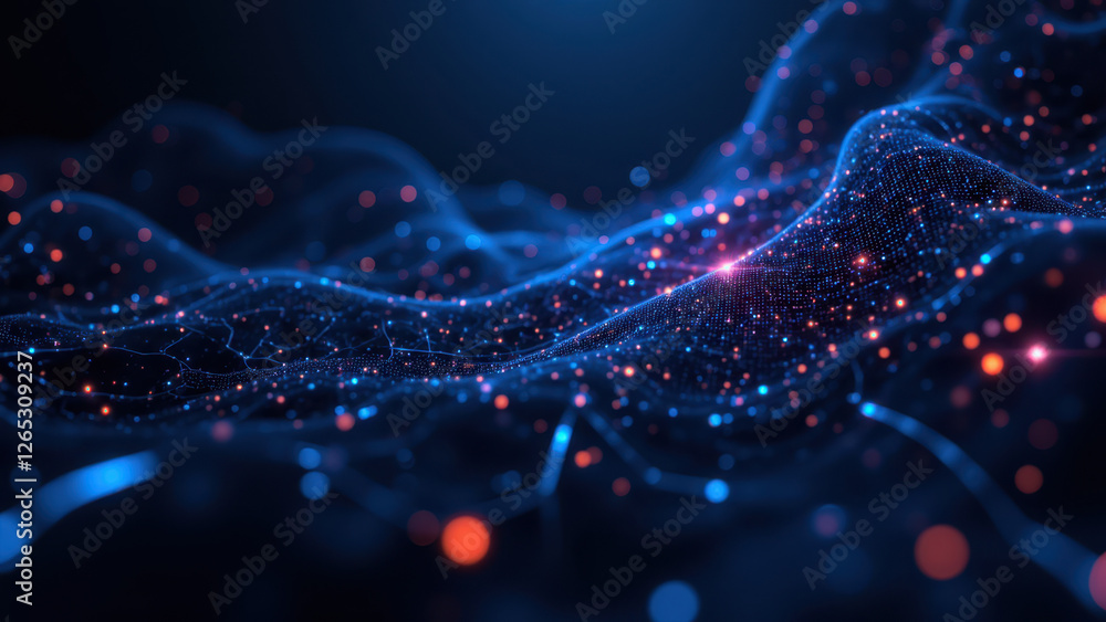 Poster abstract digital cloud with glowing lights, representing ci/cd processes or a networked environment.