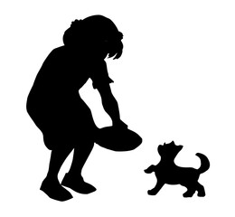 Vector Drawing. Girl feeding a cat