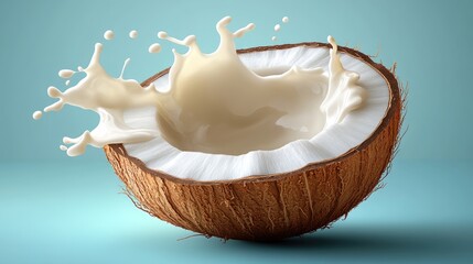 Coconut half splashing milk against teal background