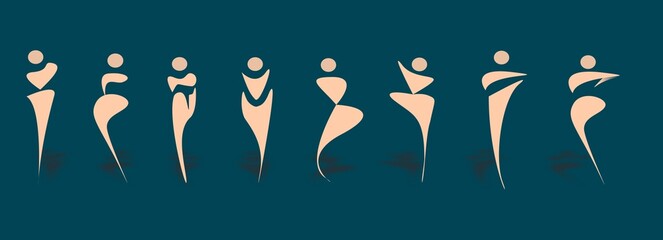 illustration of a set of different women's body shapes. Fashion illustration.  Women's body silhouette morphology inspiration.
