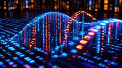 Abstract digital wave with glowing binary code and led lights in blue and orange