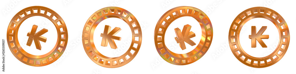 Poster set of 4 3d laos kip coin shapes with golden and rainbow effects isolated on a transparent backgroun