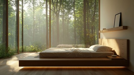 Serene Forest View Bedroom Minimalist Wooden Bed Design