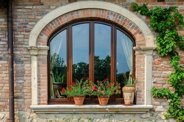 Photo of Red brick wall and arched window of classical european building in Rome. Detailed image