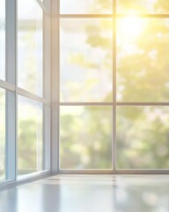 Blurred glass window interior background with sunlight shining through the windows. Blurry office or business center scene with large panoramic windows and a view of the natural landscape outside. 