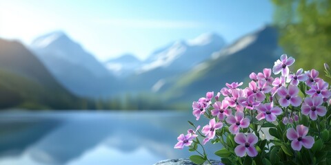 Breathtaking nature scene featuring pink wildflowers serene lake landscape photography mountain range close-up tranquility