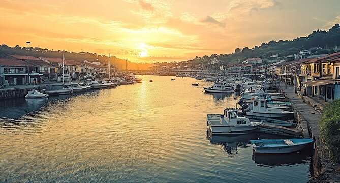 A photograph of the picturesque port town in Moal, El Lugo. The marina's clear waters
