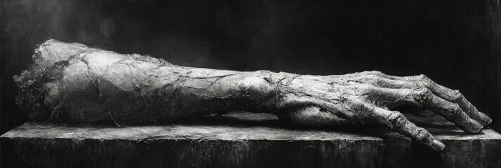 Weathered hand rests on dark surface, somber artwork