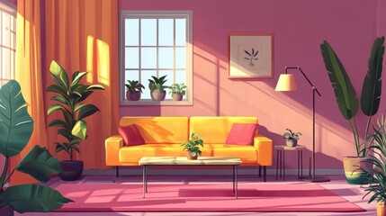 Sunny living room, plants, sofa, window, relaxation