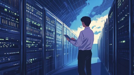 IT professional examining server room, cloudy sky backdrop