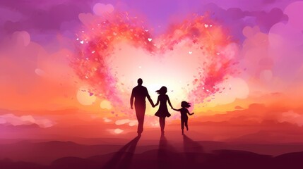 Fototapeta premium Silhouetted Family Walking Hand in Hand Against a Colorful Sunset Background with Heart Sparklers Representing Love and Togetherness