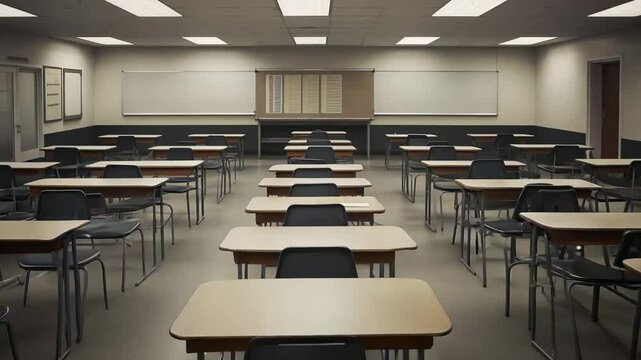Empty classroom with neatly arranged desks and chairs. Modern educational space with a clean and organized atmosphere. Whiteboards and posters on the walls create a professional learning environment