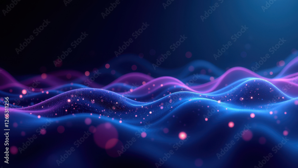 Poster a vibrant digital visualization with abstract waves of blue and purple hues representing technology 