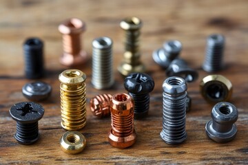 Various screws and bolts resting on wooden table