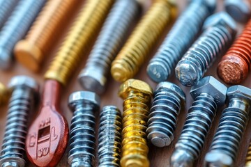 Set of colorful tamper proof torx screws with key laying on wooden desk