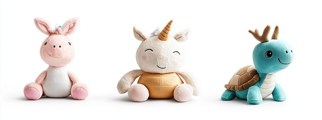 Obraz premium A colorful unicorn, a cute turtle, and a spotted horse, all plush toys, are positioned side by side. They are isolated on a clear background