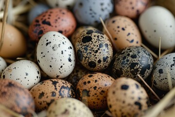 Obraz premium Close-up of speckled quail eggs in varied patterns. Artificial intelligence image