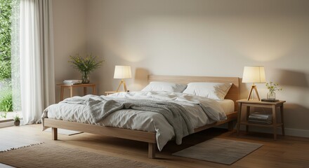 Cozy Bedroom Interior with Wooden Bed Frame and Natural Light