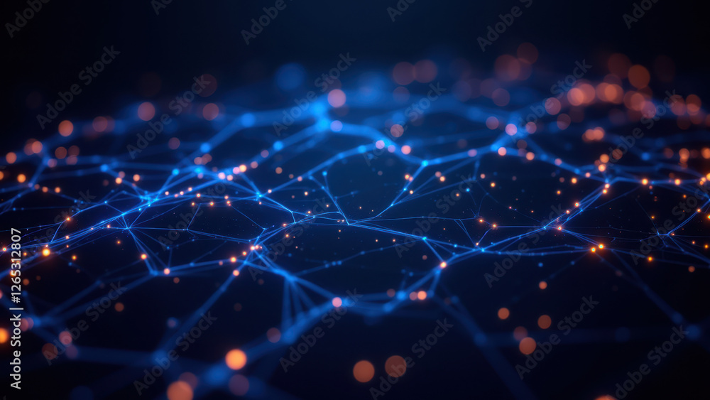 Aufkleber ci/cd network flow visualized with a mesh of blue and orange nodes, representing containers and serv