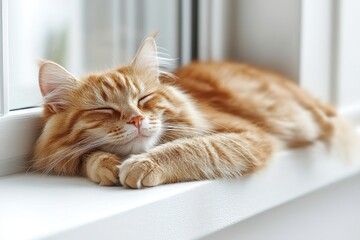 Peaceful Ginger Cat Relaxing on Windowsill in Sunlight, Enjoying a Calm Afternoon Nap and Showcasing Its Soft Fur and Serene Expression