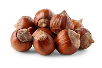 Obraz premium Close-up of hazelnuts on solid white background. Artificial intelligence image