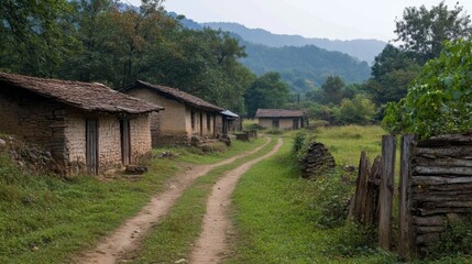 Rural village dirt road, mountain backdrop, tranquil scene, travel photography