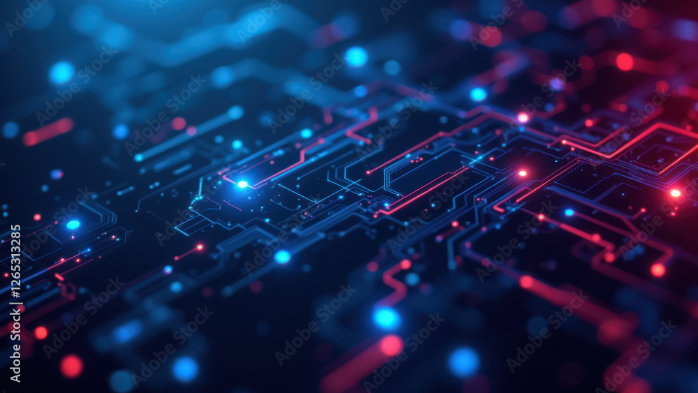 Poster ci/cd pipeline with interconnected nodes glowing red and blue on a black background.